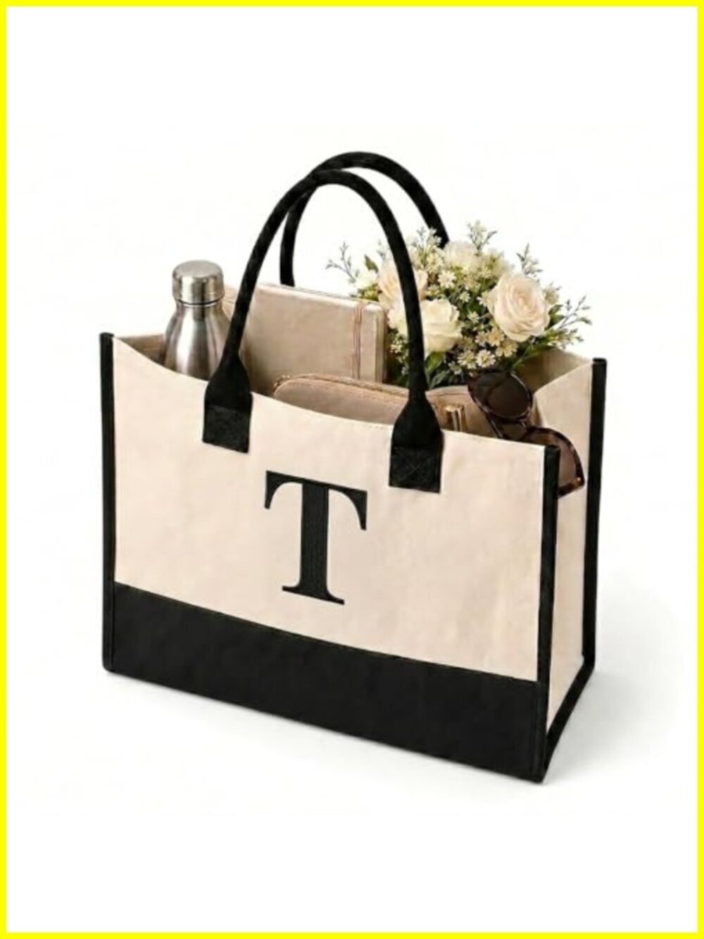 Personalized Initial Canvas Tote Bag for Women, Large Reusable Cotton Beach